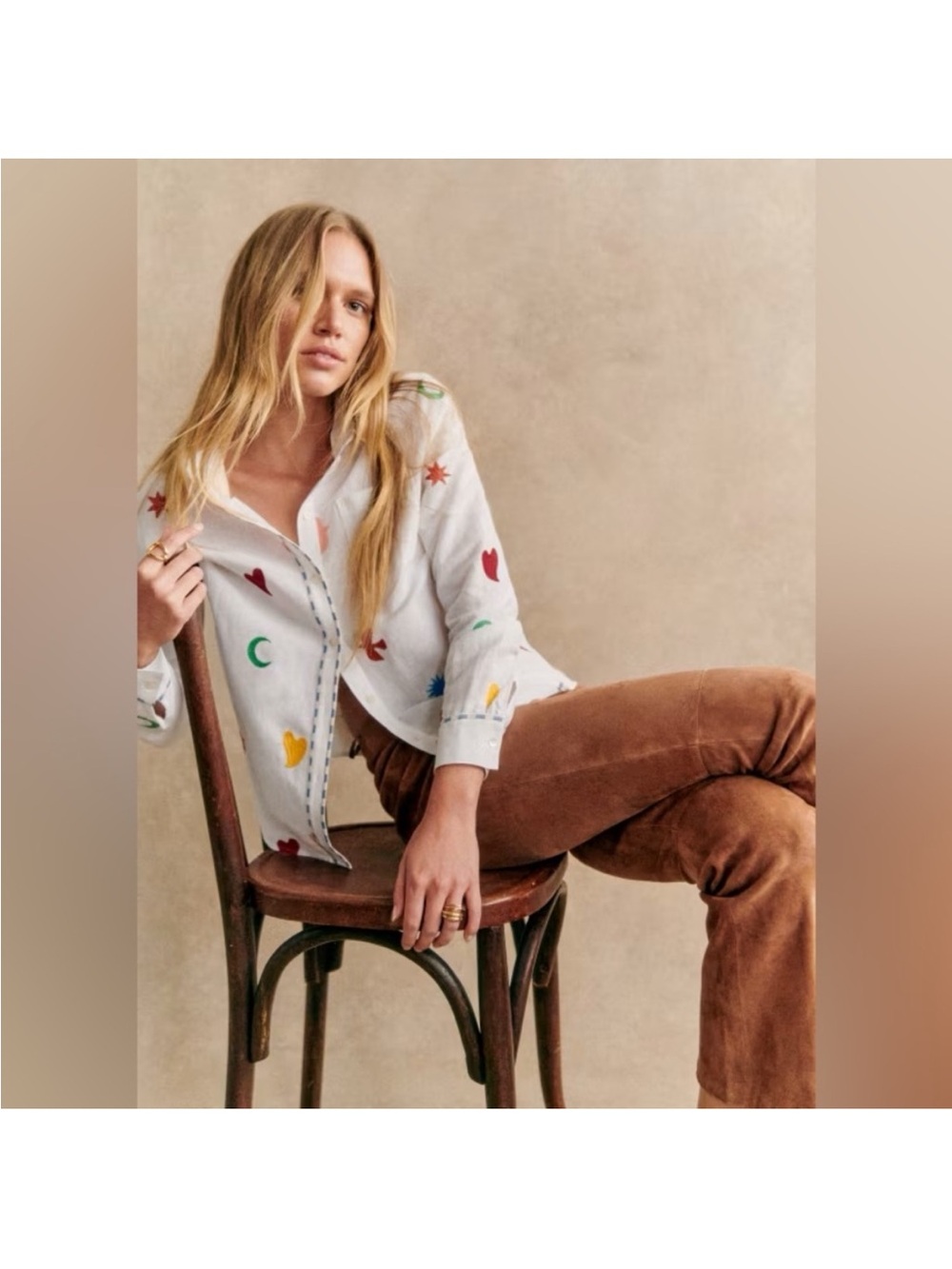 Sezane White Button-Down Shirt with Colorful Embroidered Motifs